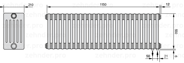 Схема (чертеж) Радиатор Zehnder Charleston 6055/25 №5510 Белый глянцевый RAL 9016